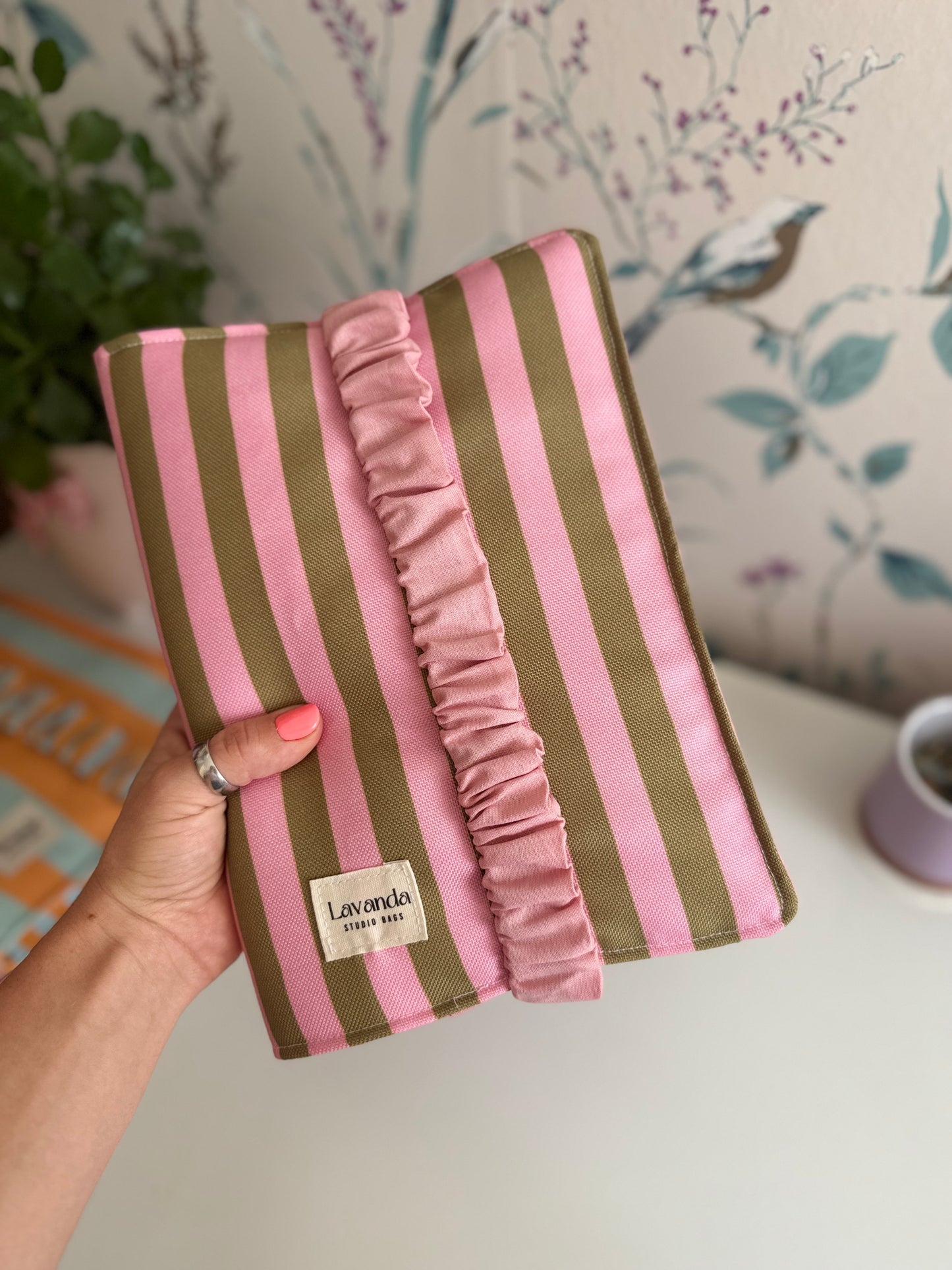 Book cover with flaps strap pink and olive