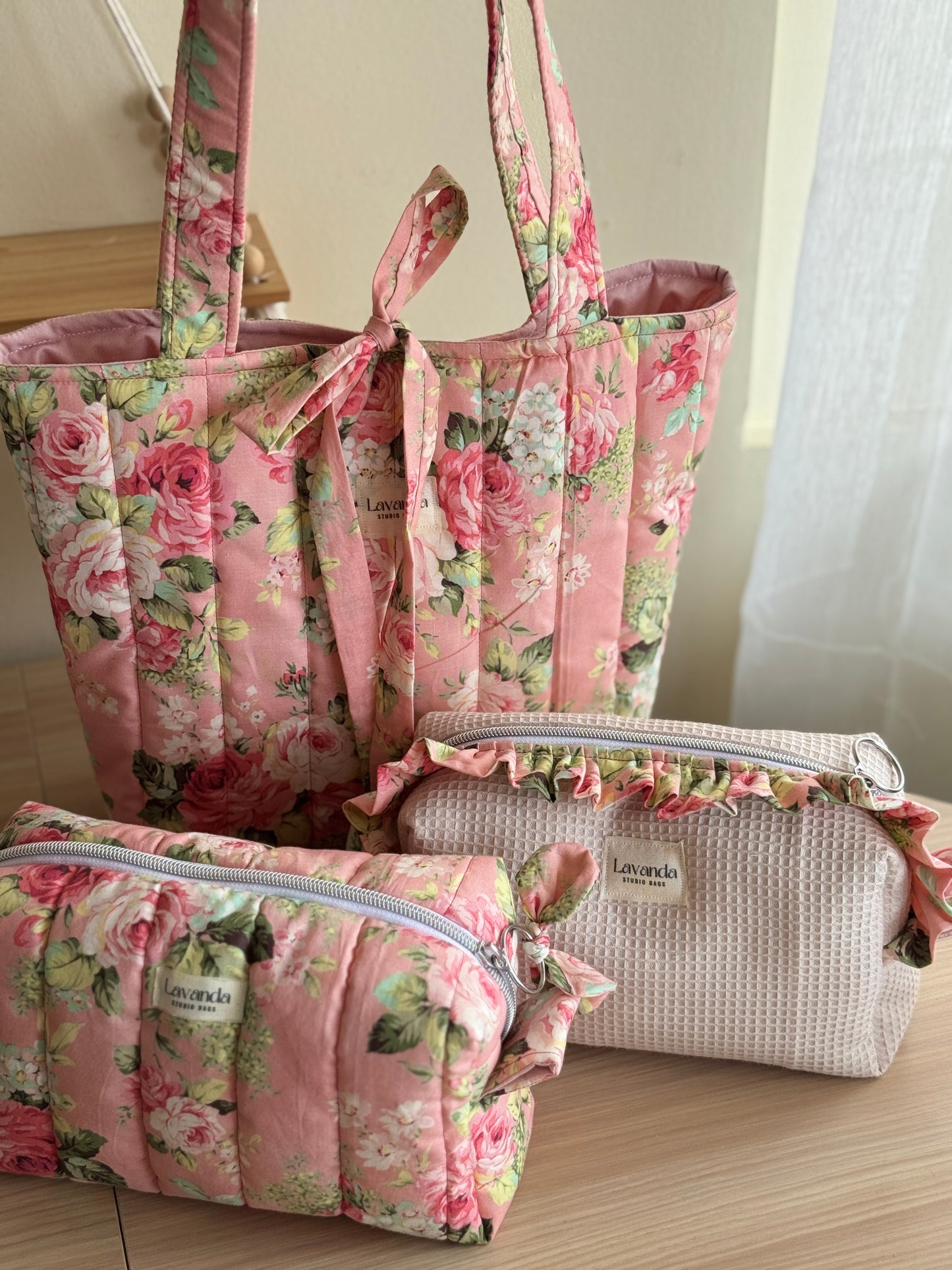 Cosmetic bag beige waffle and rouse flowers/ ruffle.