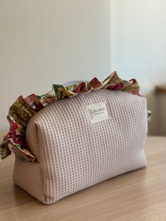 a.Cosmetic bag fresia beige waffle flowers.