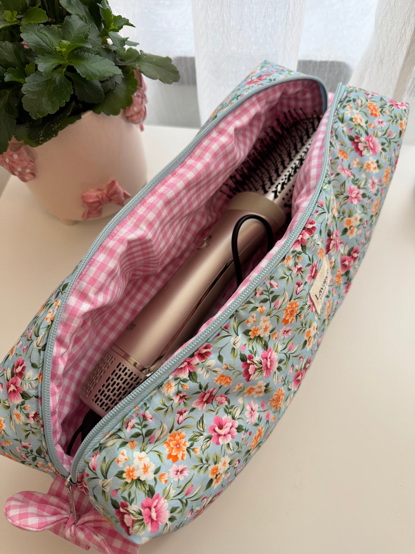 Dyson saco simples XXL airwrap floral e Vichy rosa no interior