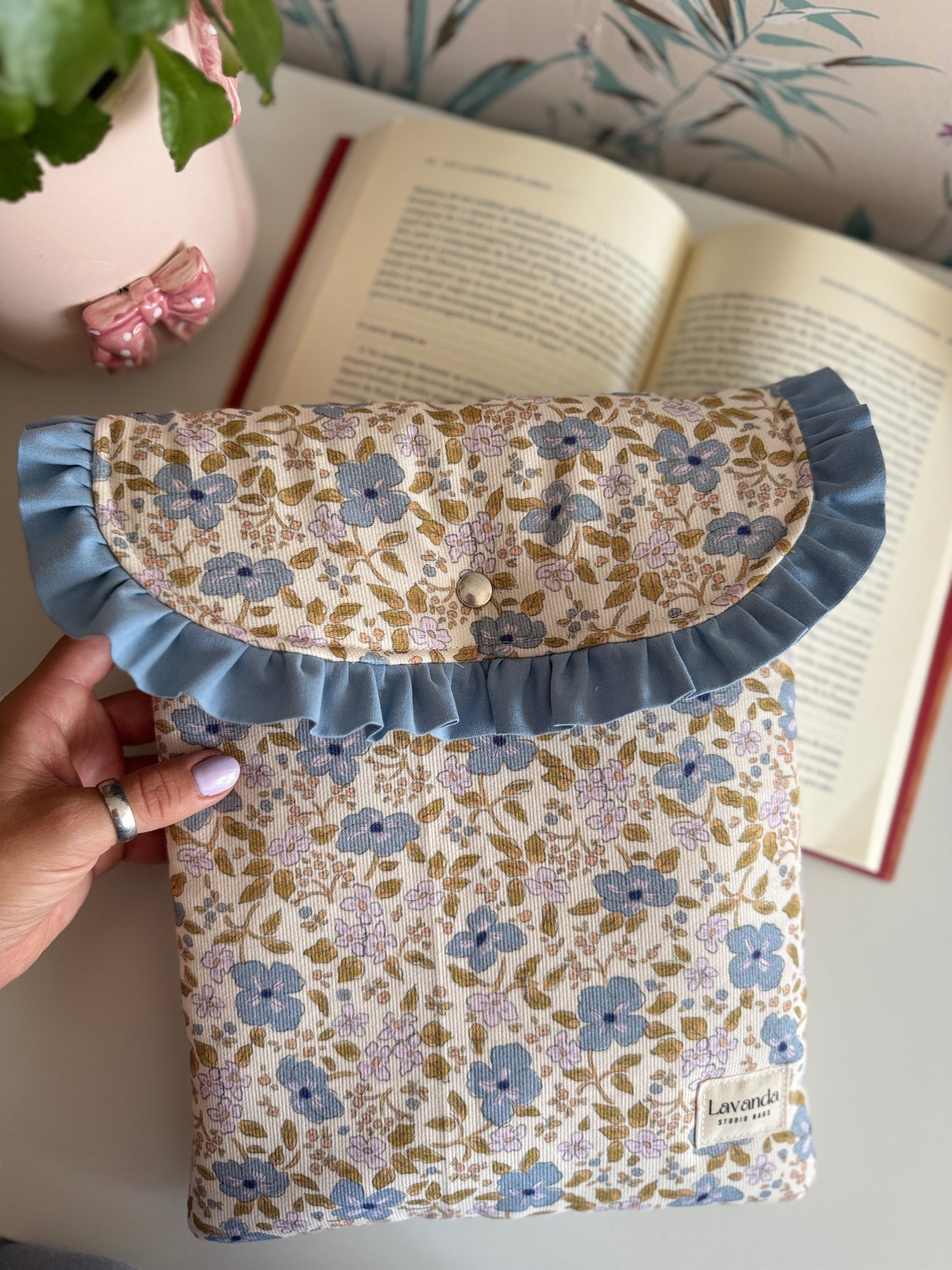 New! Floral ruffle book sleeve and blue flower