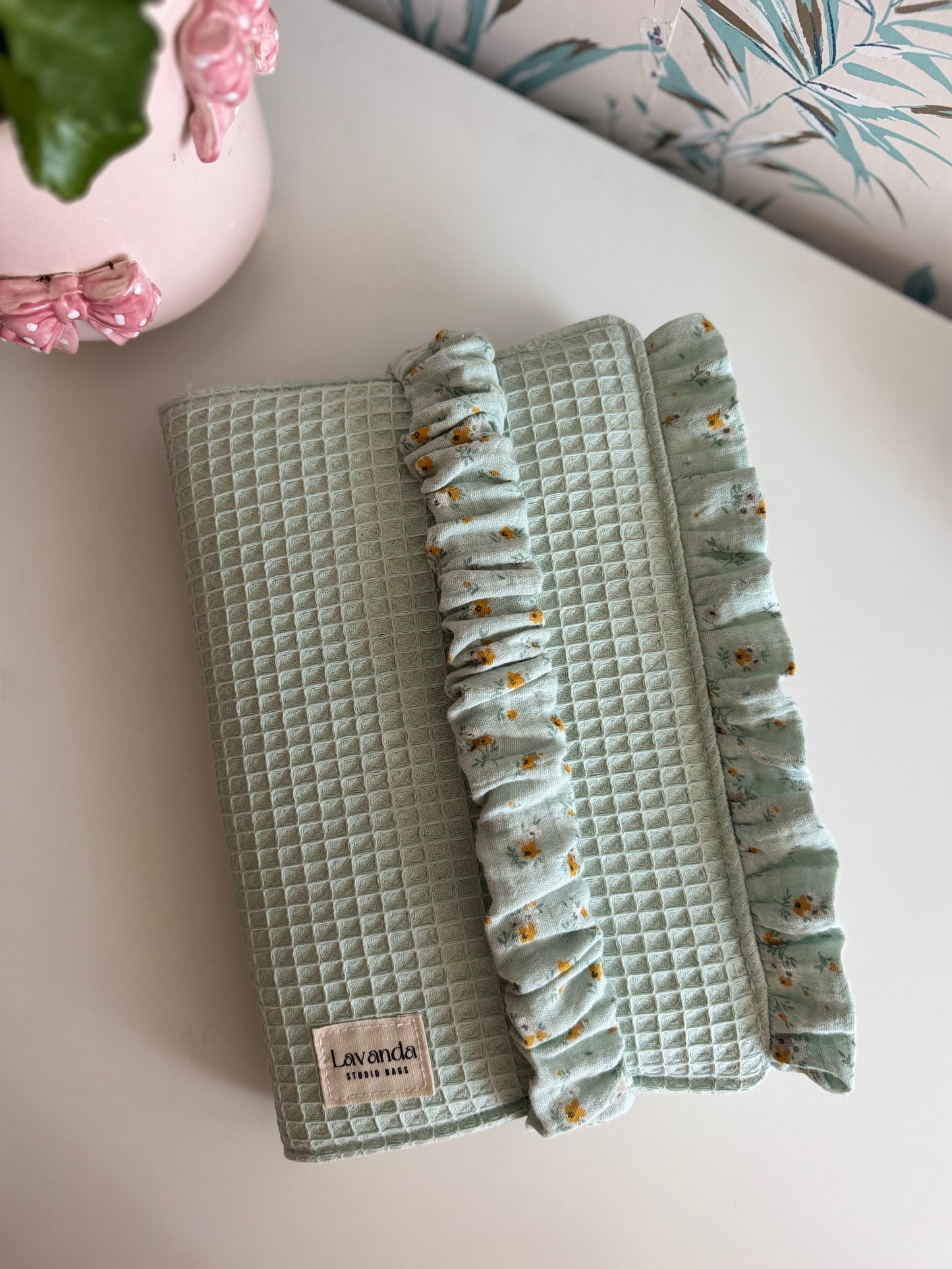 New! Book cover with flaps waffle fabric and cotton flowers.