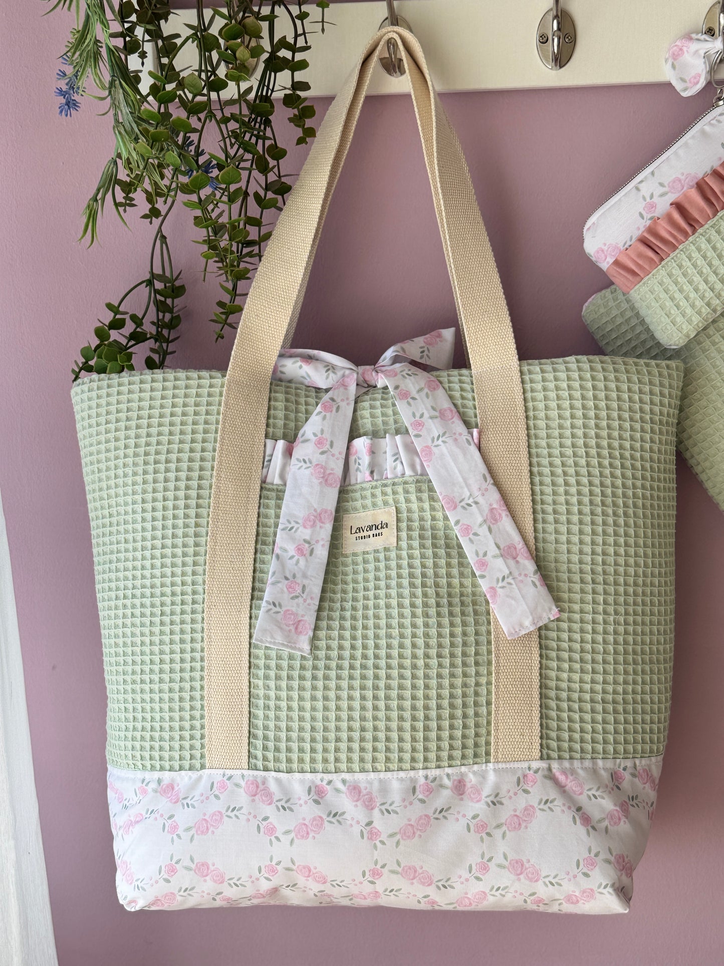 A.Tote bag mint waffle and pastel flowers (custom bag) Available to make within 15 business days.