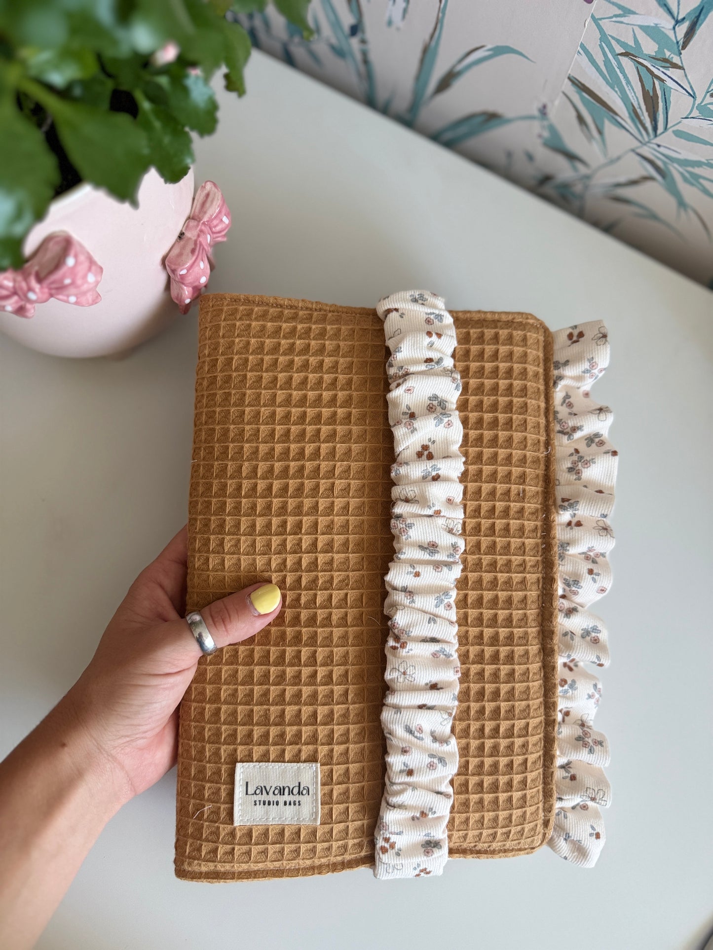 New! Book cover with flaps waffle fabric and cotton flowers.