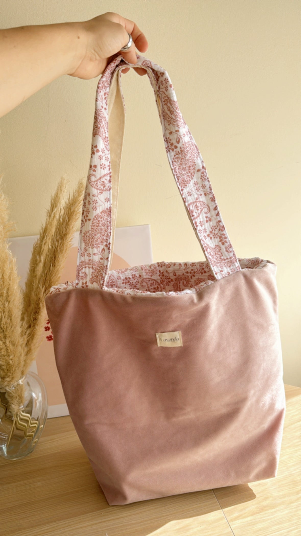 Bolsa tote de veludo rosa/linha baunilha