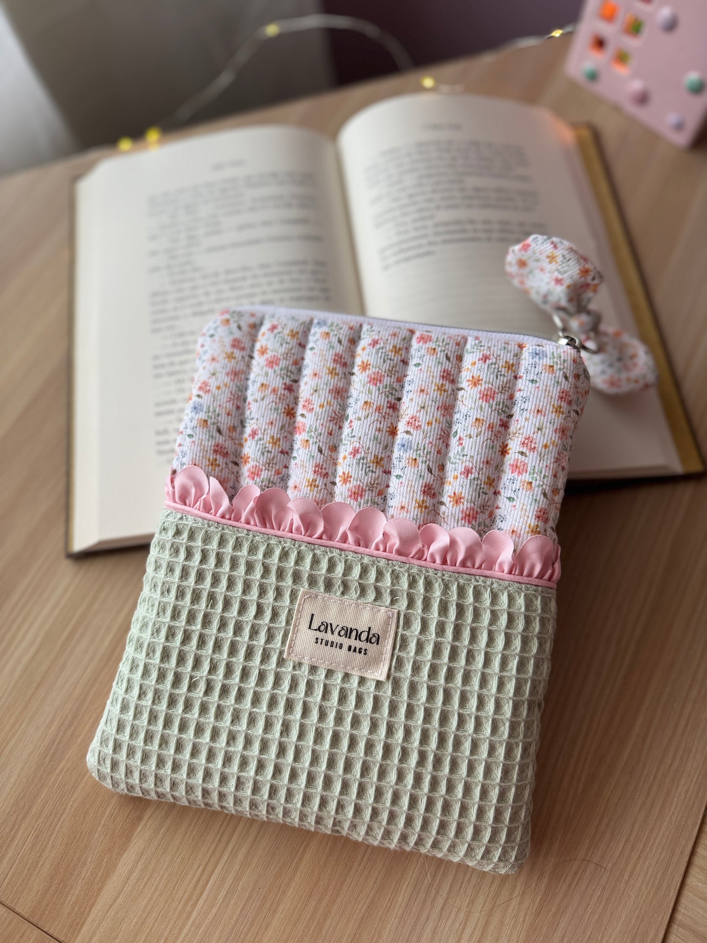 Kindle sleeve pastel flowers pink and mint waffle