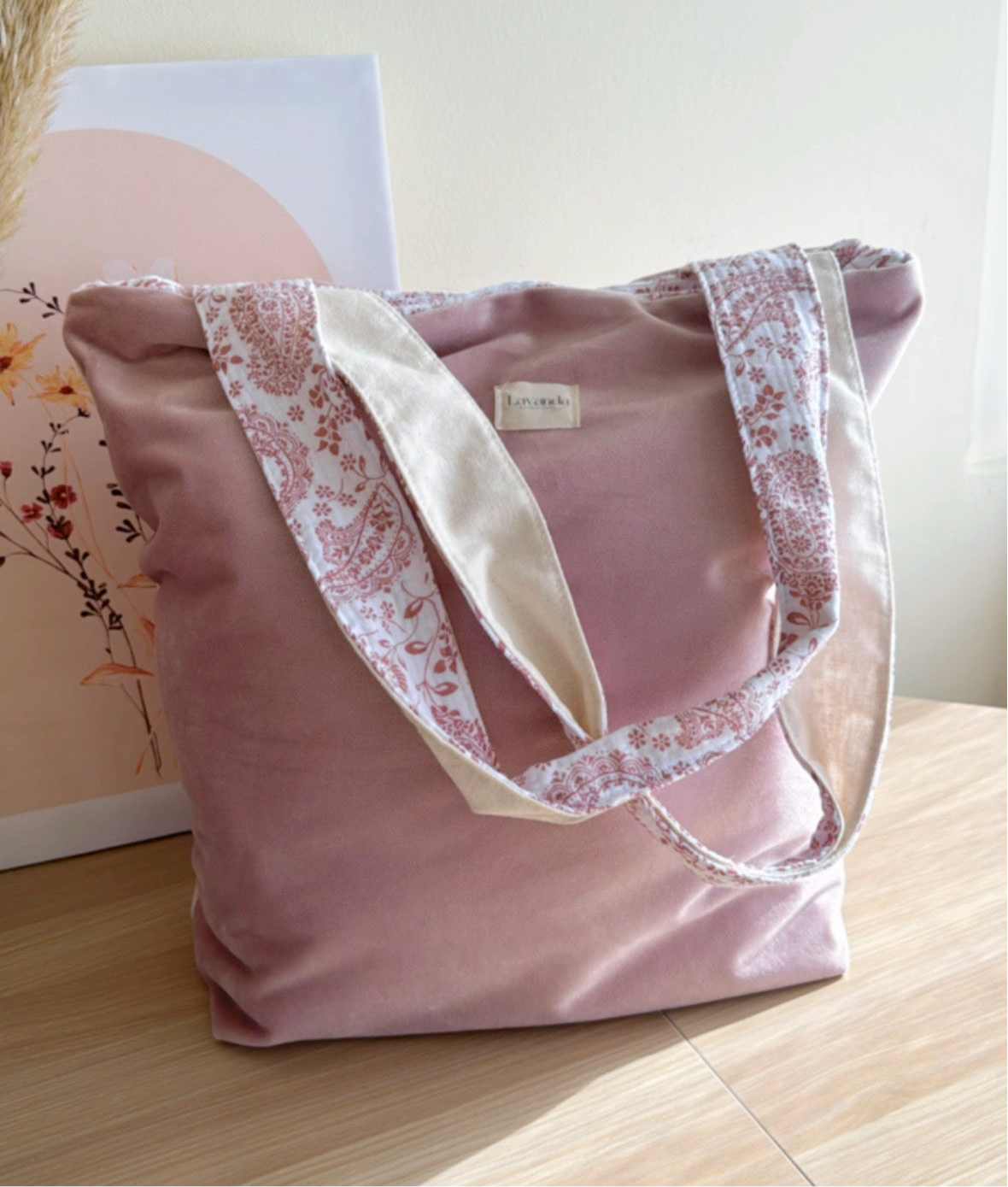 Bolsa tote de veludo rosa/linha baunilha