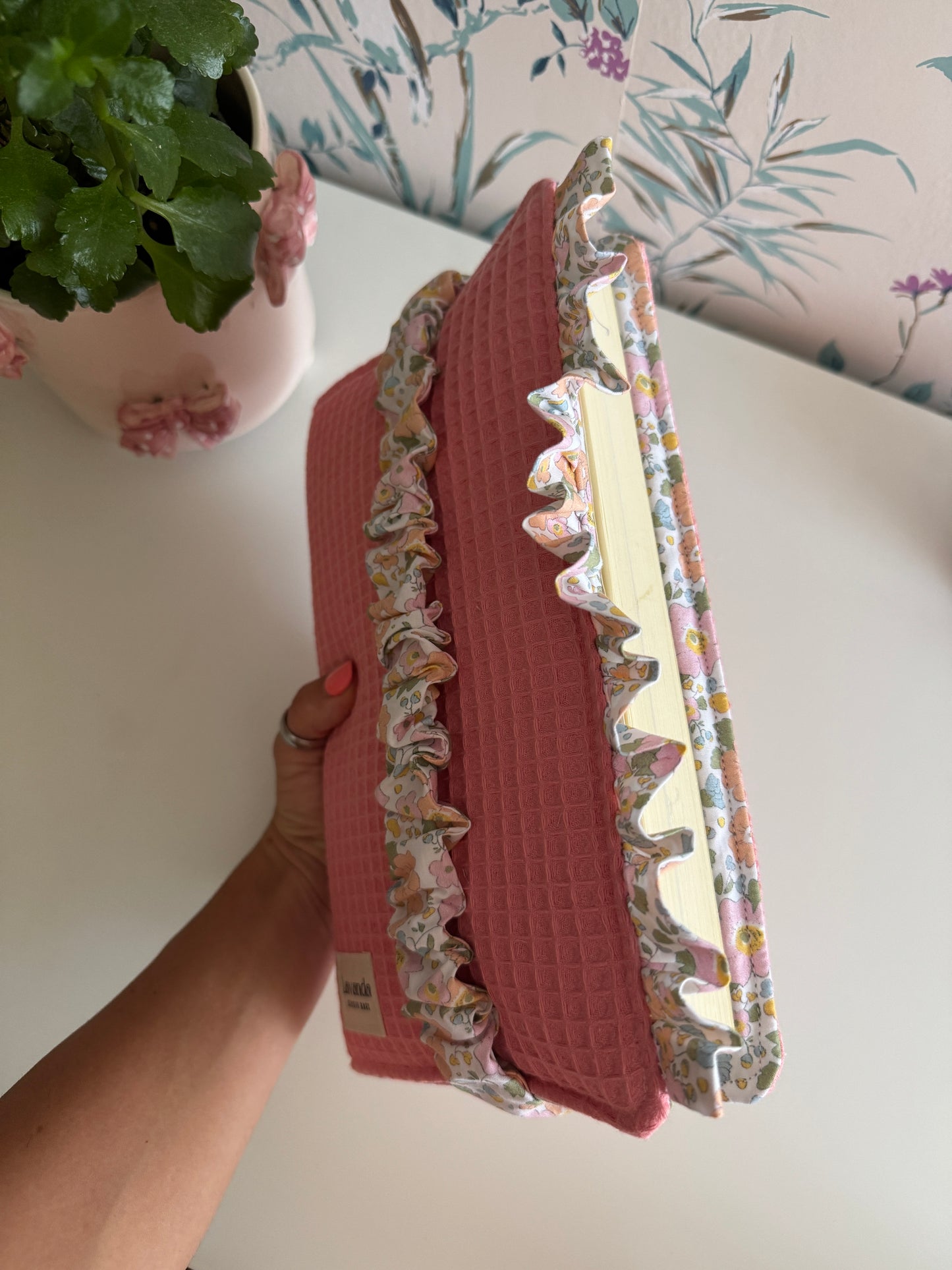 New! Book cover with flaps waffle fabric and cotton flowers.