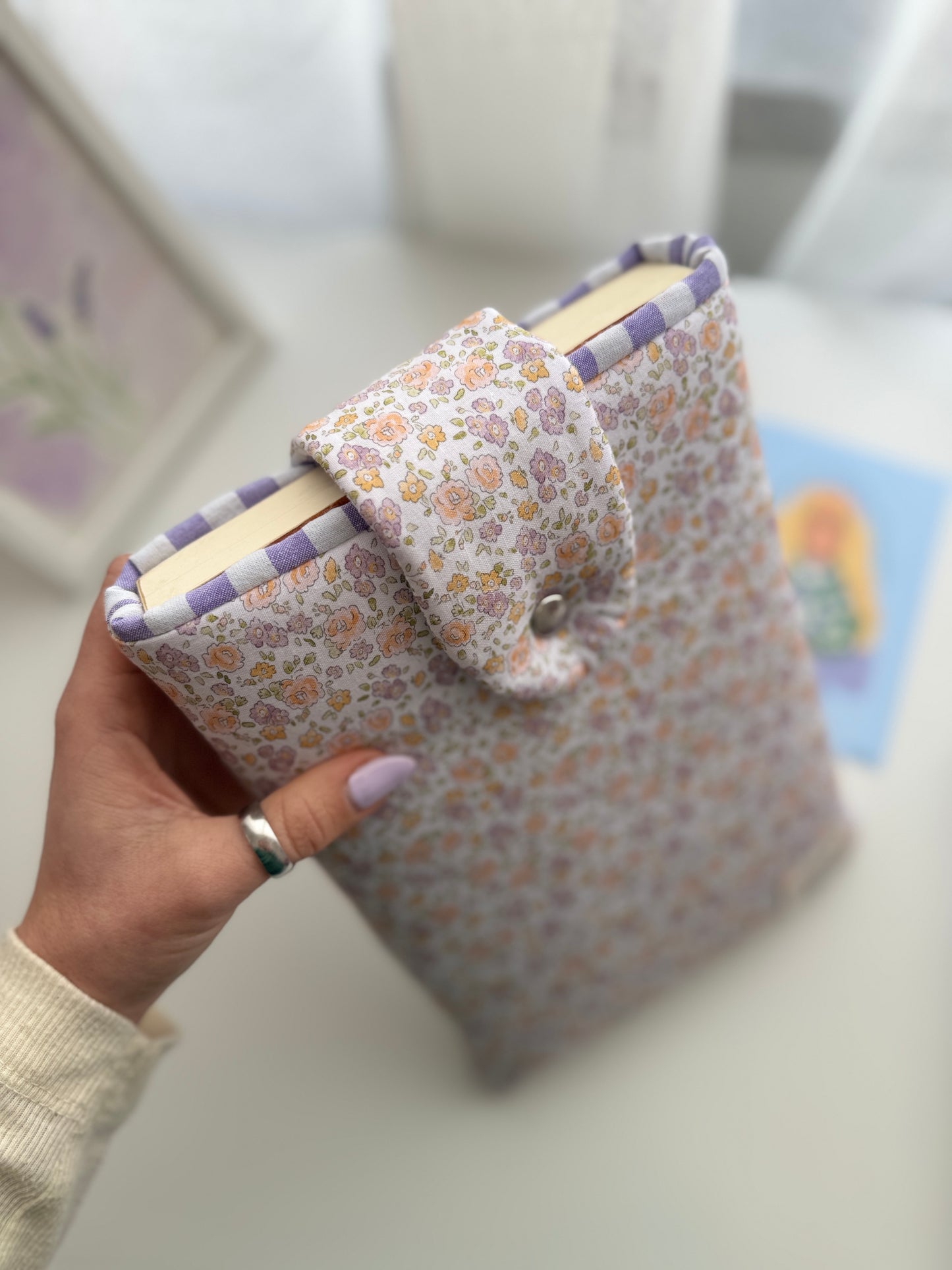 Book sleeve with button closure lilac flowers