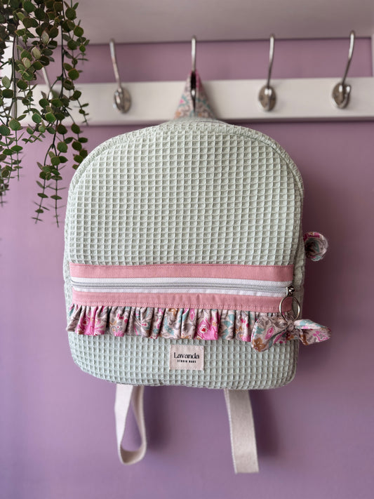 Backpack mint waffle and pastel flowers🍂 It takes between 20 and 25 days to make after your purchase.