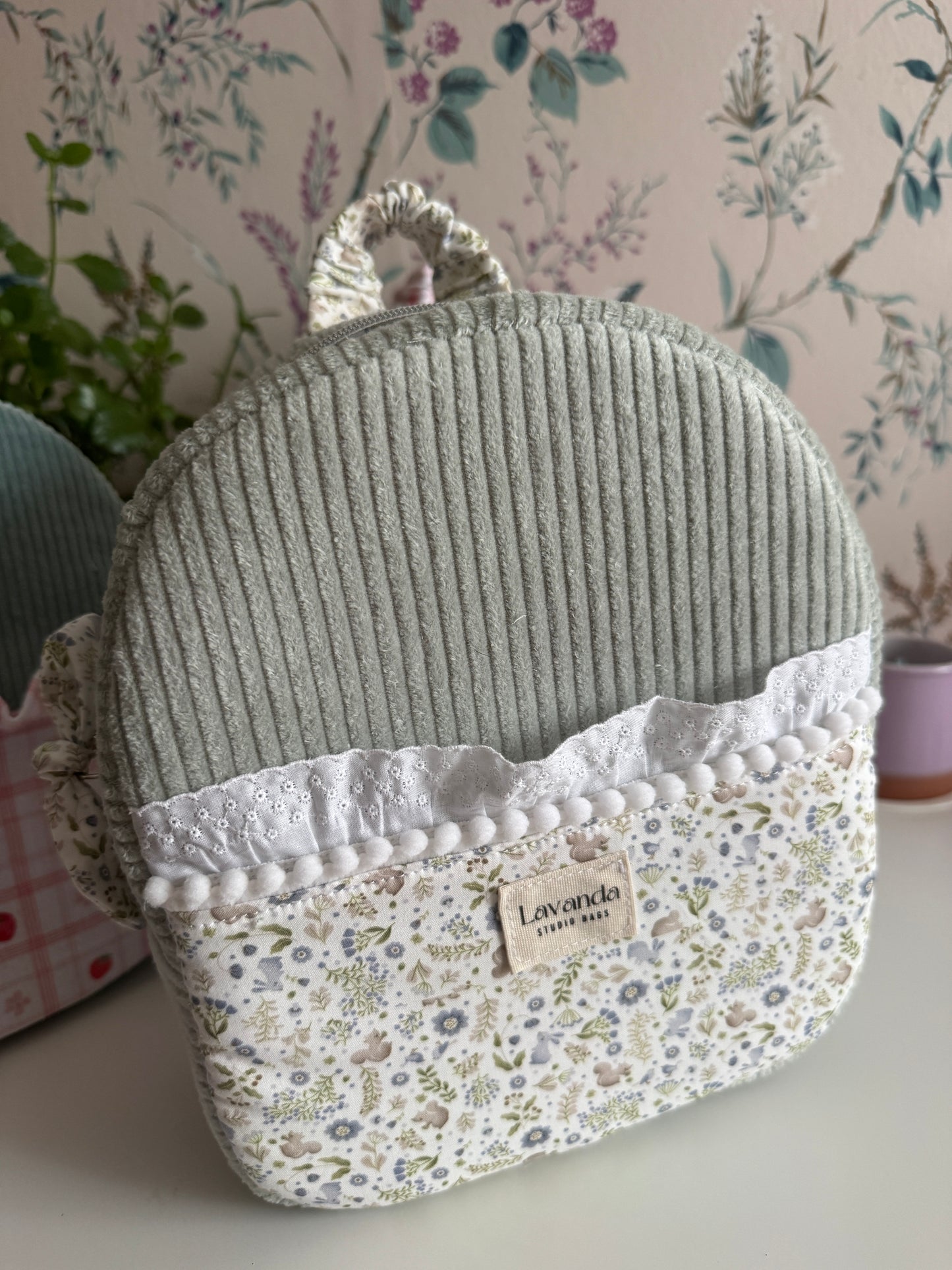 Mini backpack mint green and little flowers. In stock!