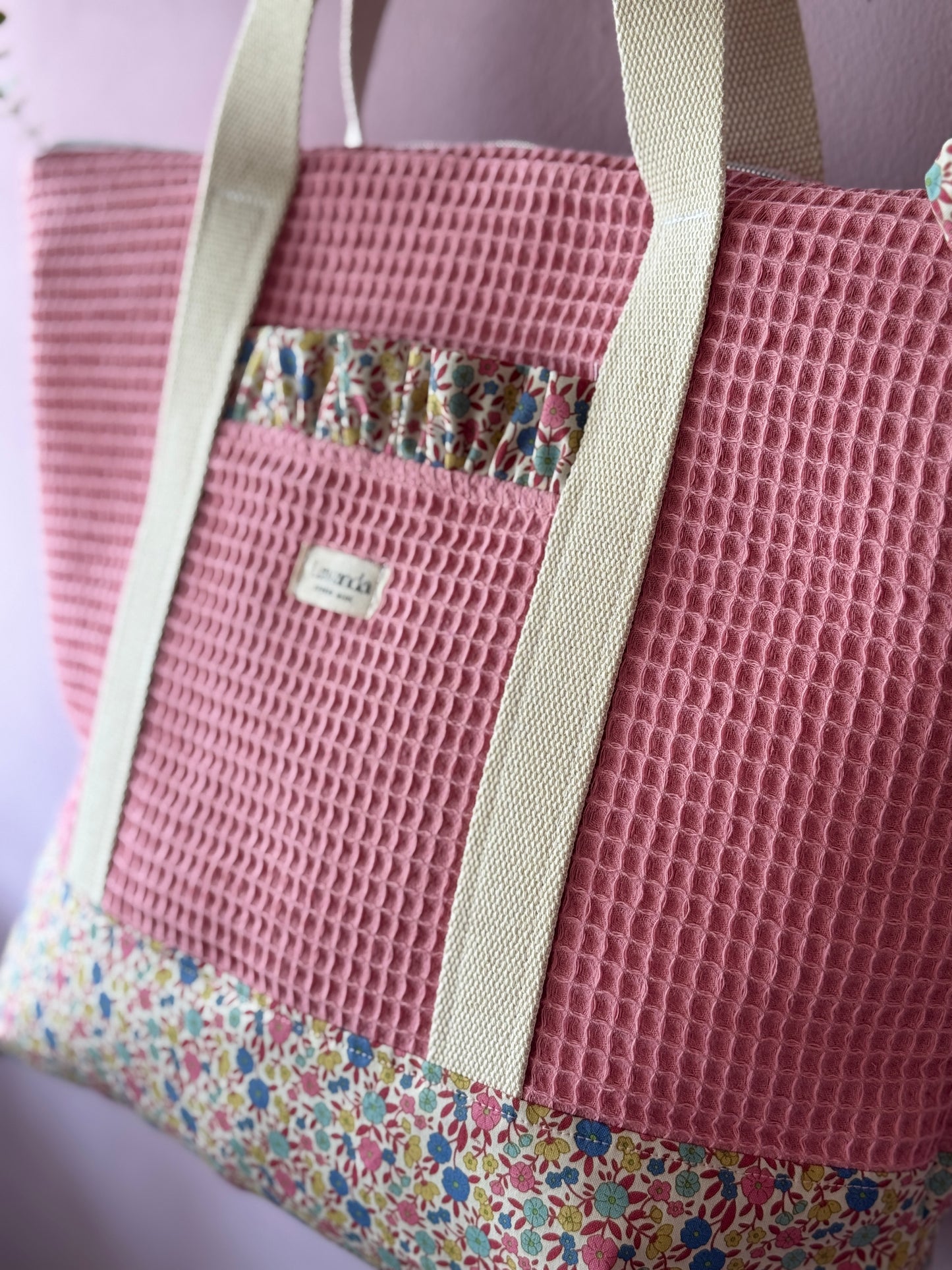 A.Tote bag Dalia pink waffle (custom bag) Available to make. Zipper