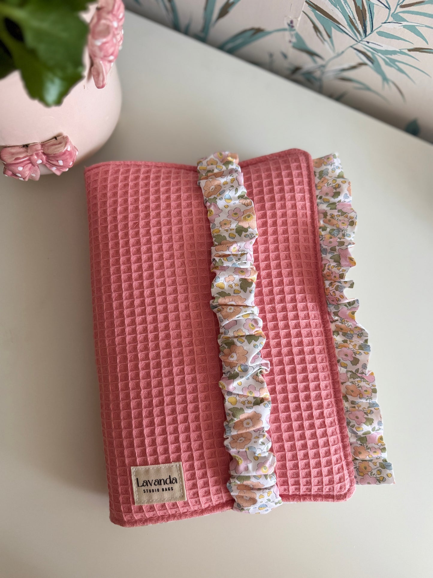 New! Book cover with flaps waffle fabric and cotton flowers.