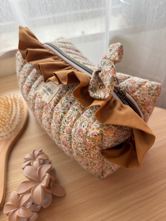 Fresia cosmetic bag coffe and flowers with ruffle.