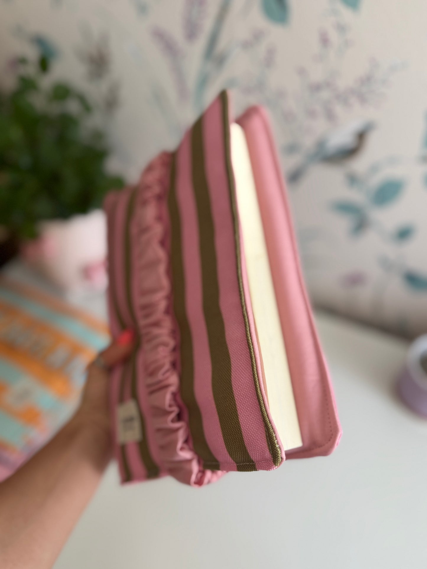 Book cover with flaps strap pink and olive