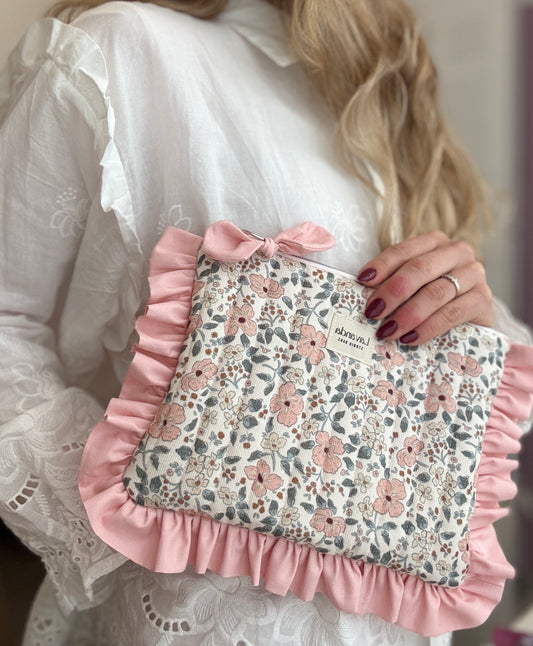 Make up magnolia bag pink flowers , and pink ruffle