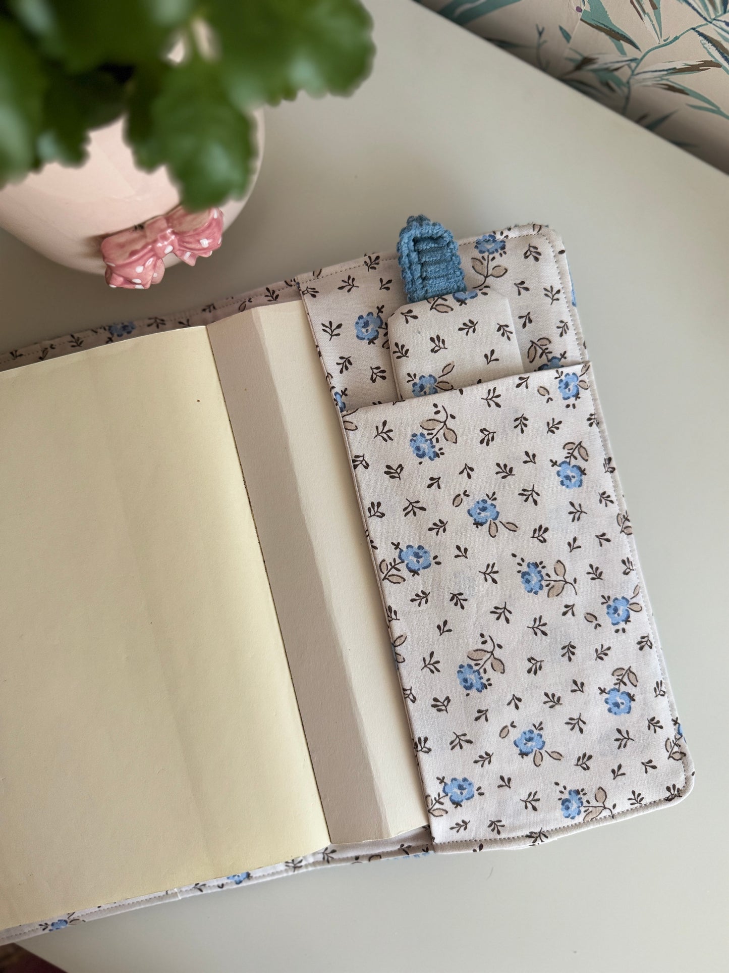 New! Book cover with flaps pana fabric and cotton flowers. Pocket inside.
