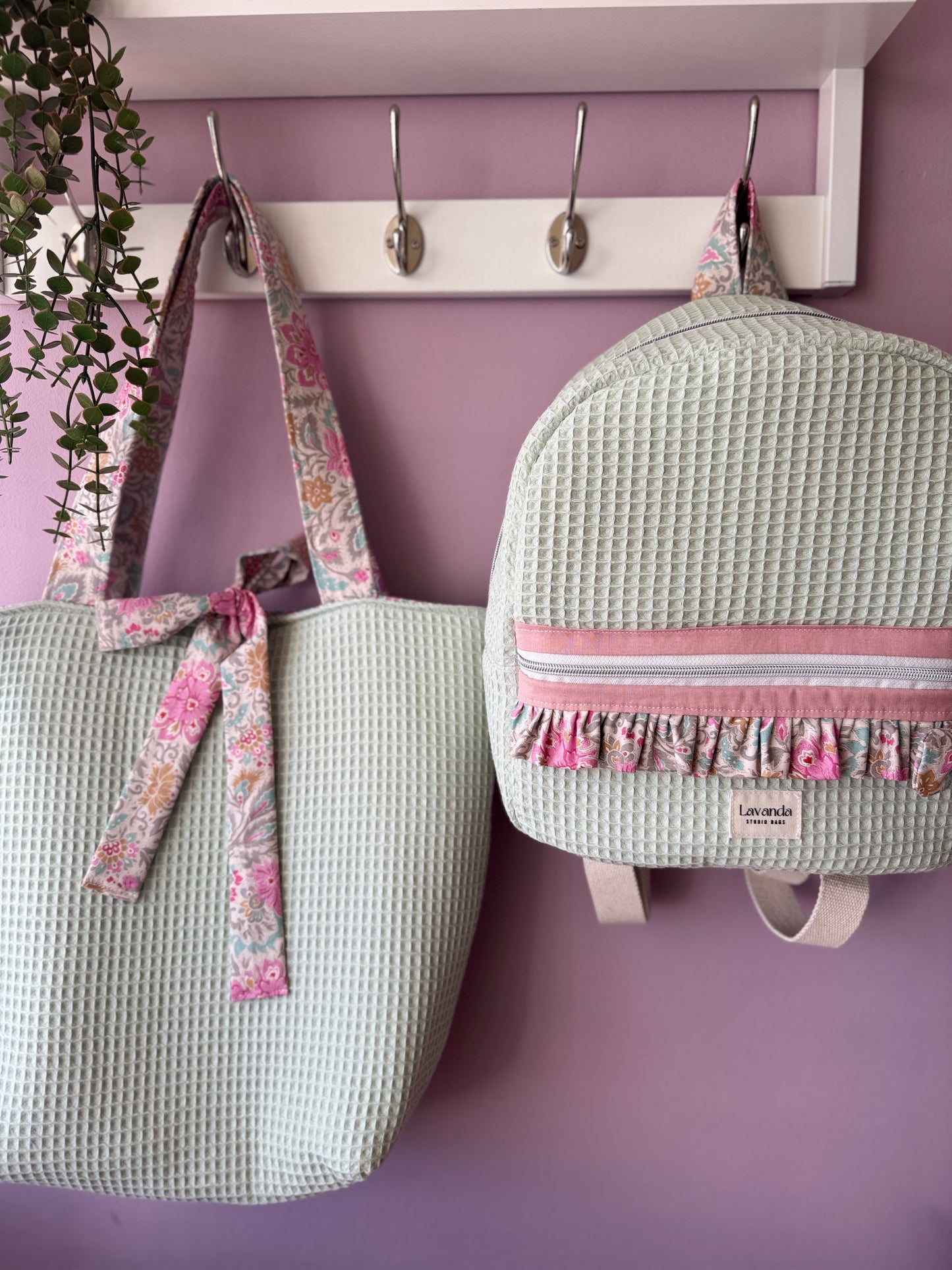 Backpack mint waffle and pastel flowers🍂 It takes between 20 and 25 days to make after your purchase.