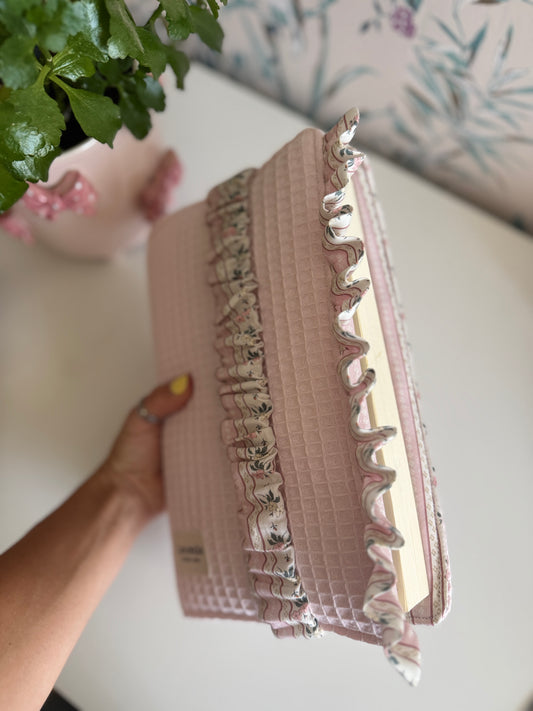 New! Book cover with flaps waffle fabric and cotton flowers.