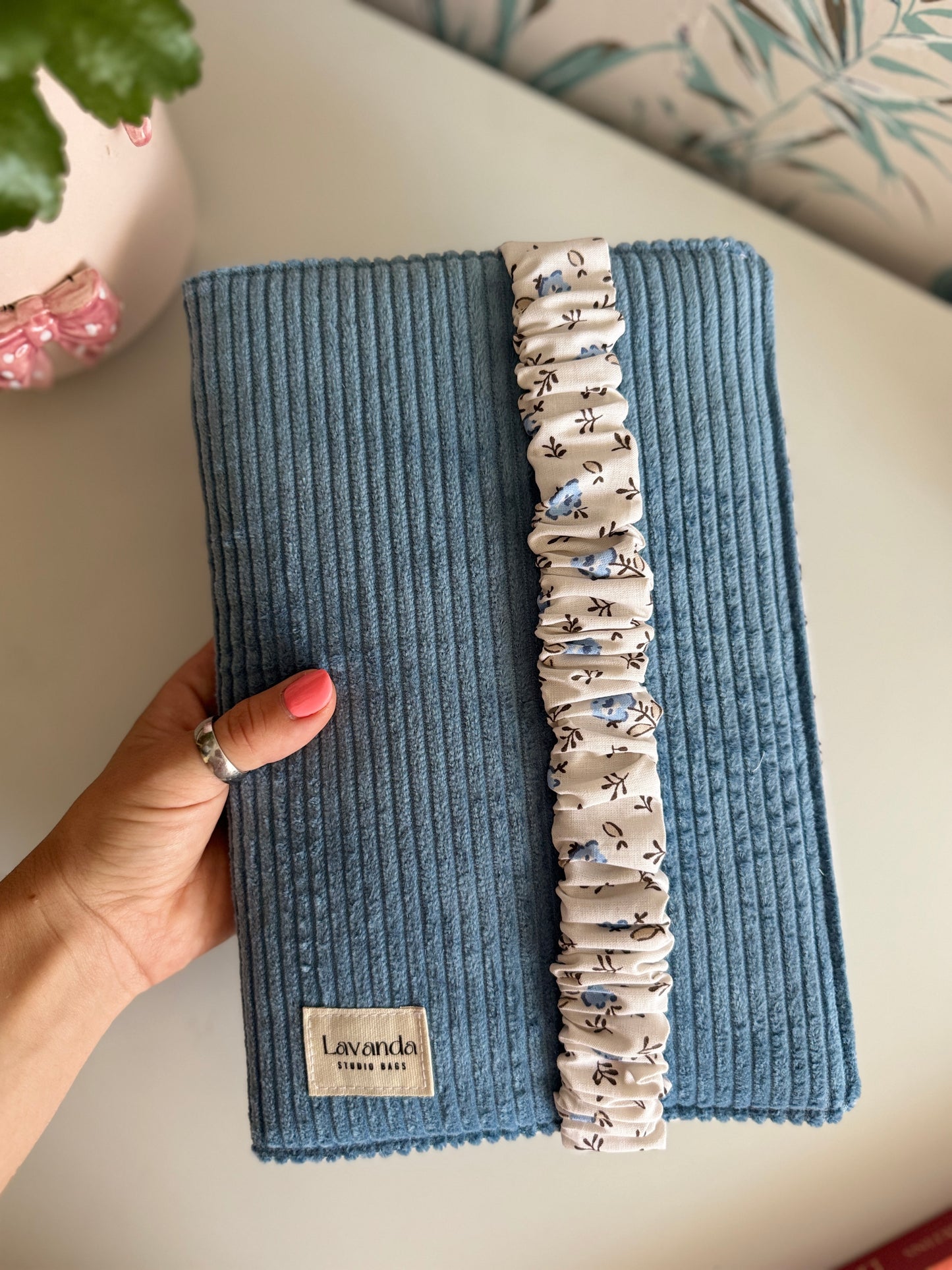 New! Book cover with flaps pana fabric and cotton flowers. Pocket inside.