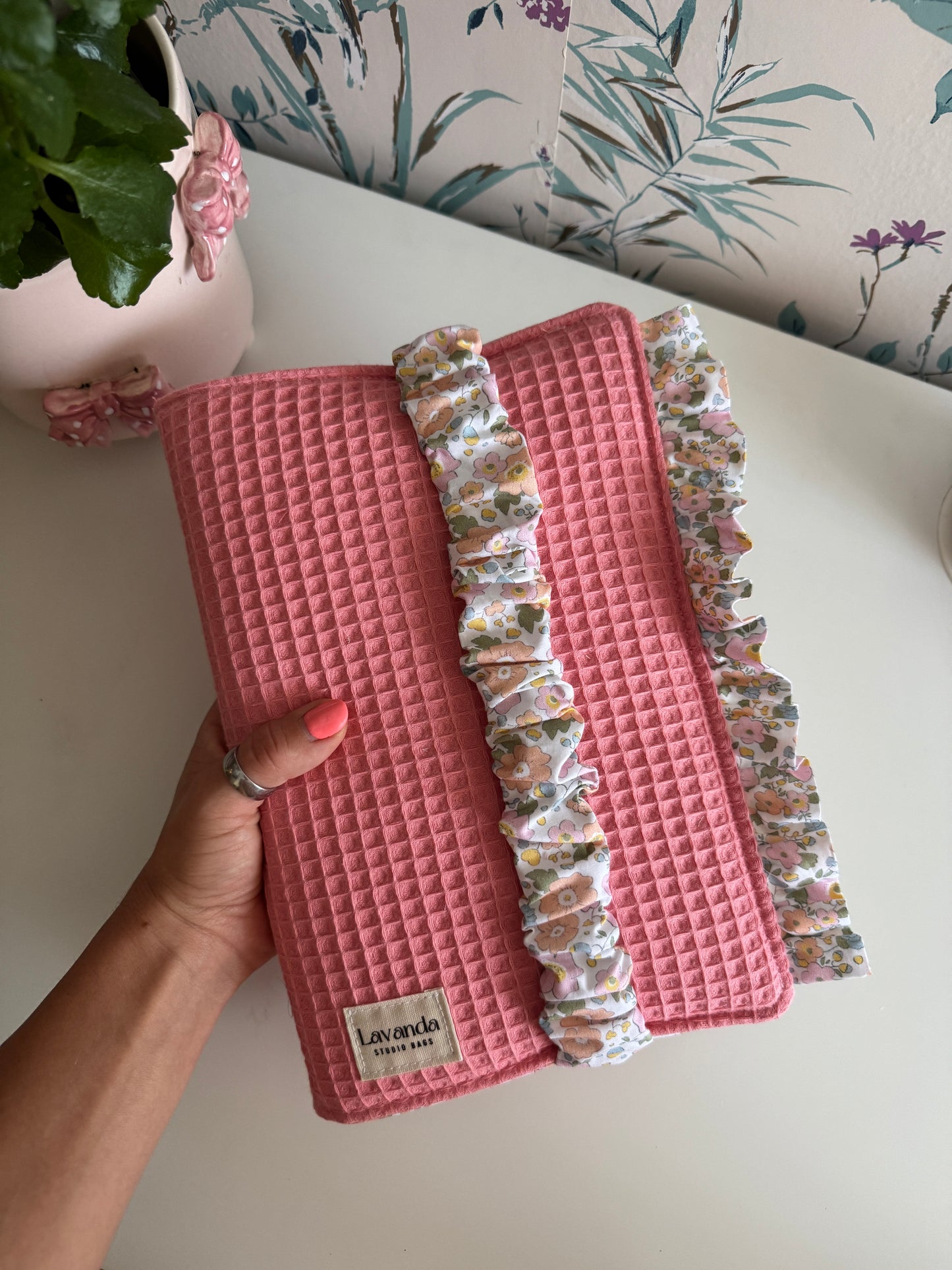 New! Book cover with flaps waffle fabric and cotton flowers.