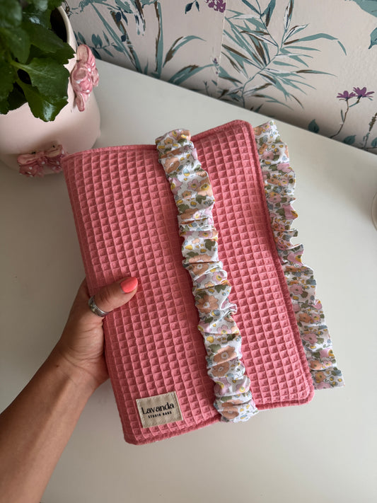 New! Book cover with flaps waffle fabric and cotton flowers.