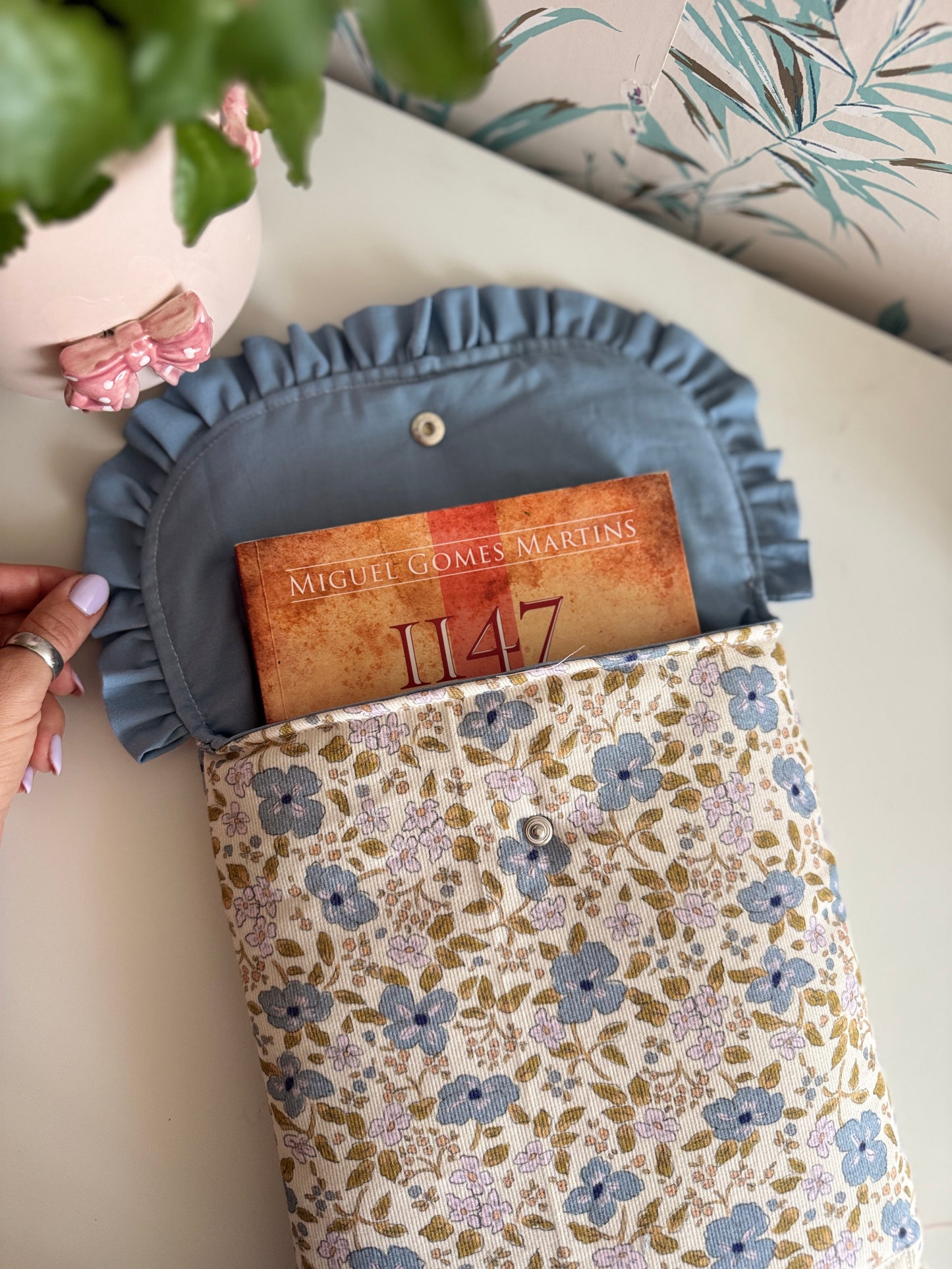 New! Floral ruffle book sleeve and blue flower