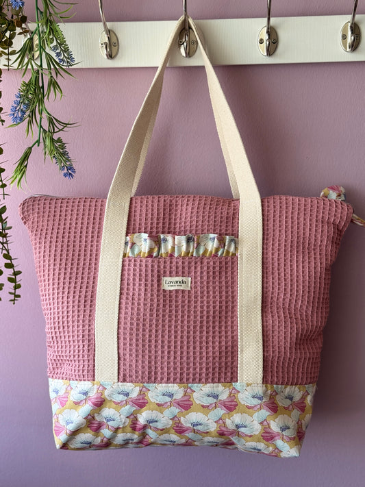 A.Tote bag Dalia pink waffle and flowers (custom bag) Available to make. Zipper