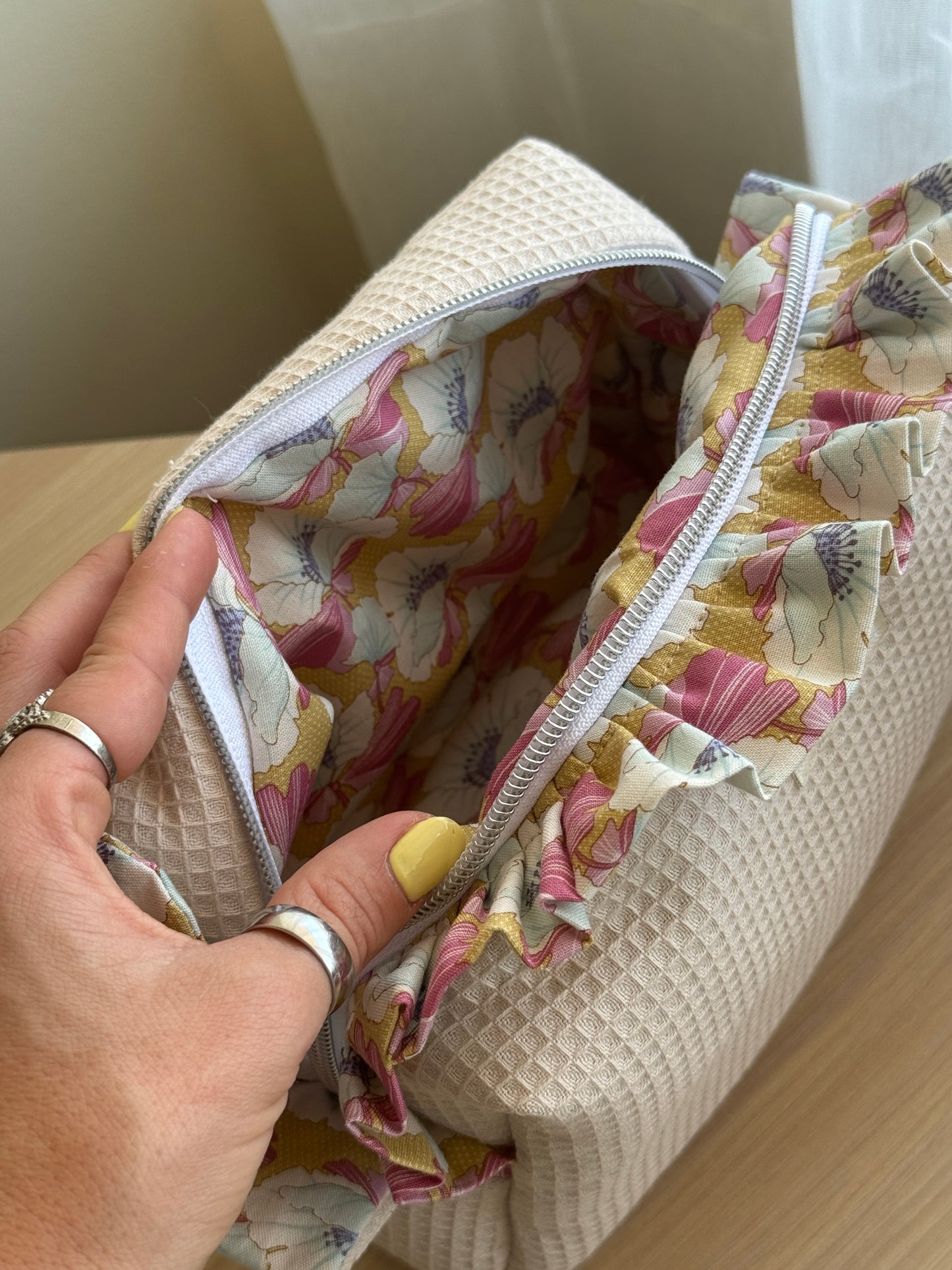 Cosmetic bag fresia waffle nusifera and rouse/ ruffle.