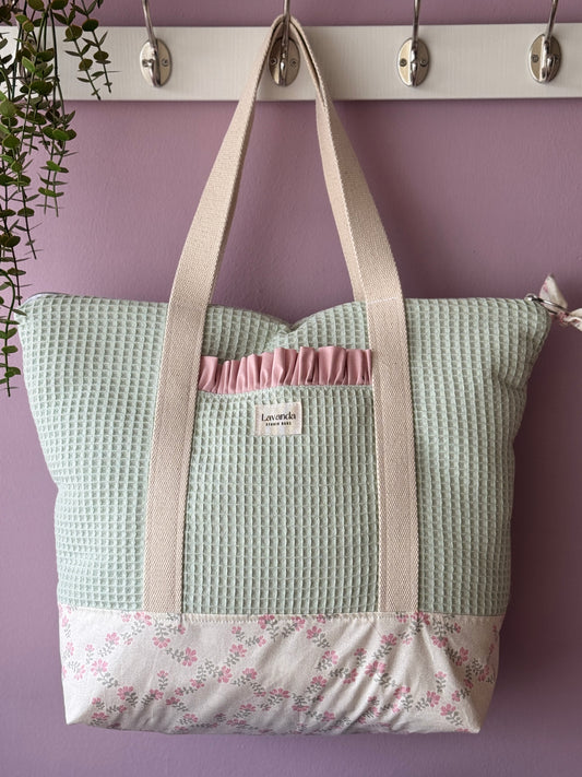 A.Tote bag mint waffle and pastel flowers (custom bag) Available to make within 15 business days.