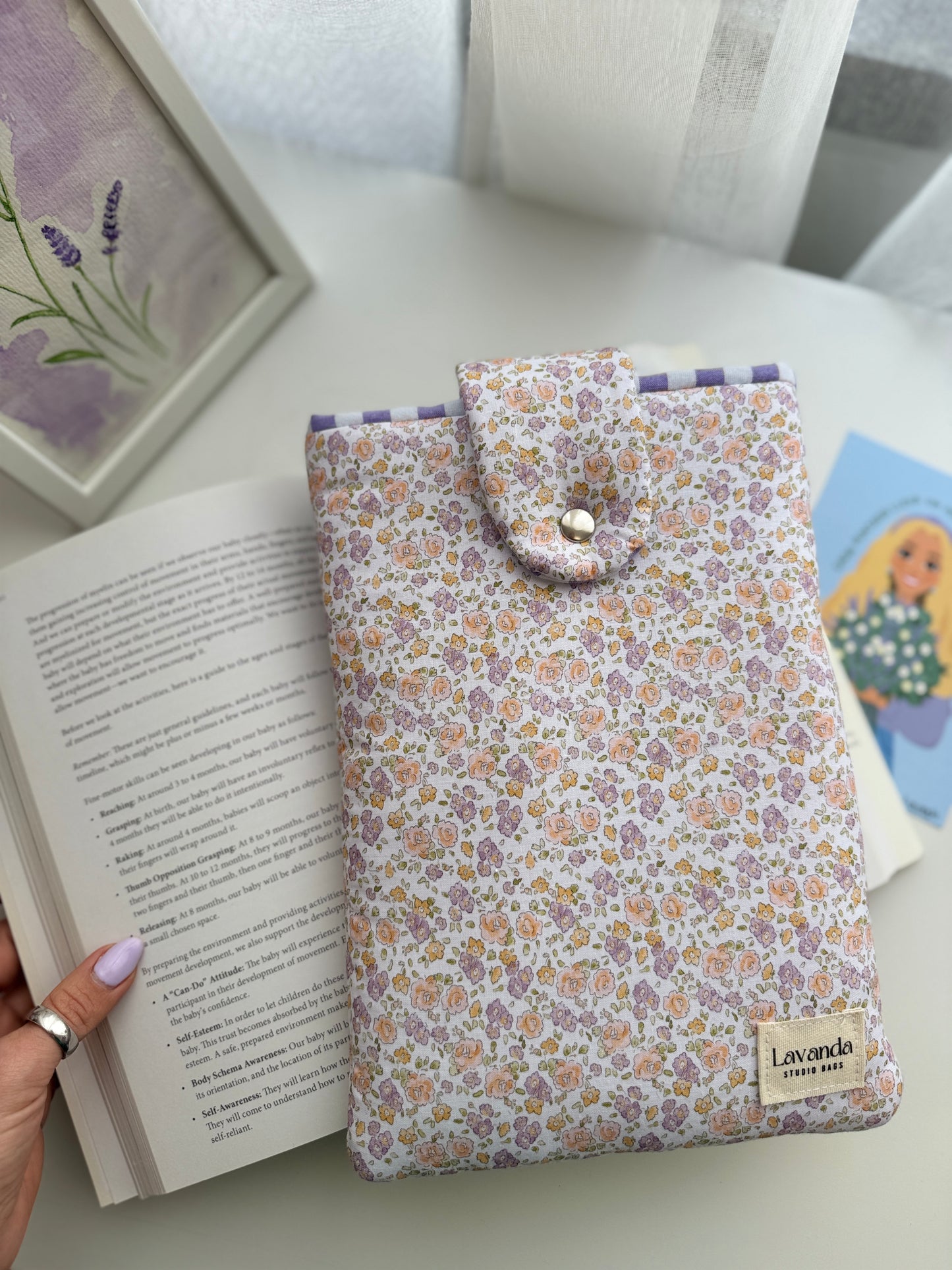 Book sleeve with button closure lilac flowers