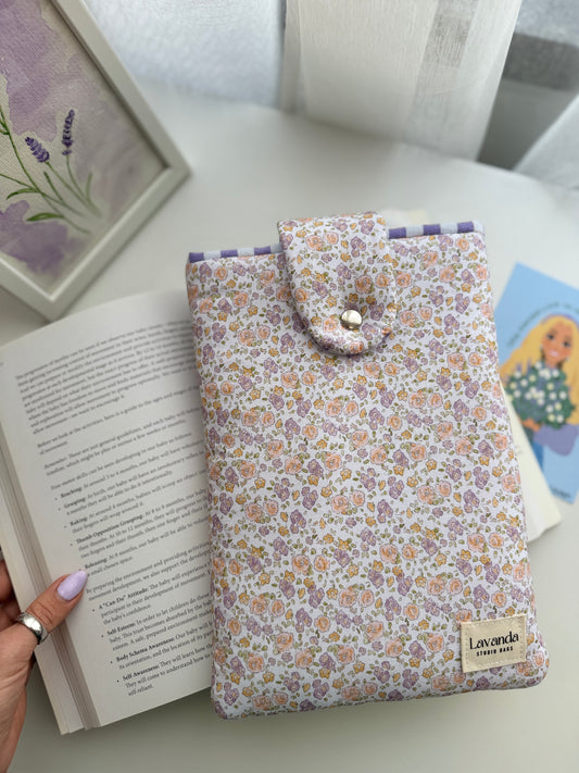Book sleeve with button closure lilac flowers