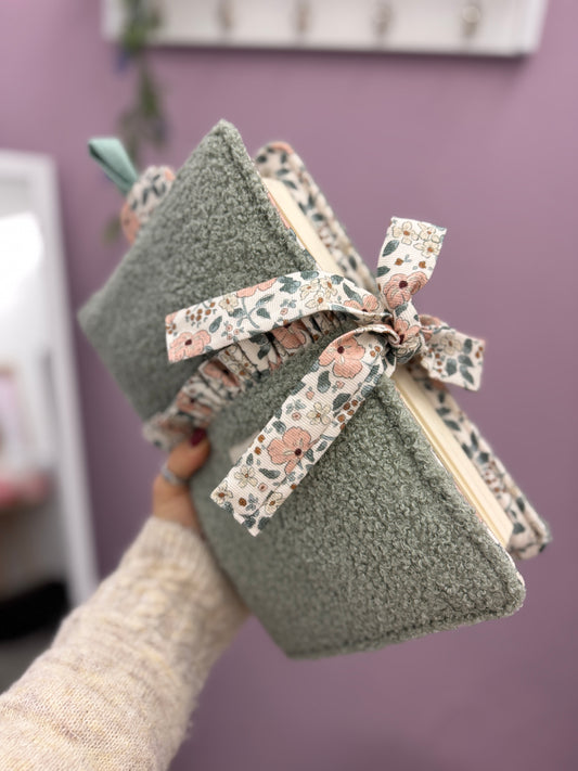 Book cover with flaps and pocket green teddy