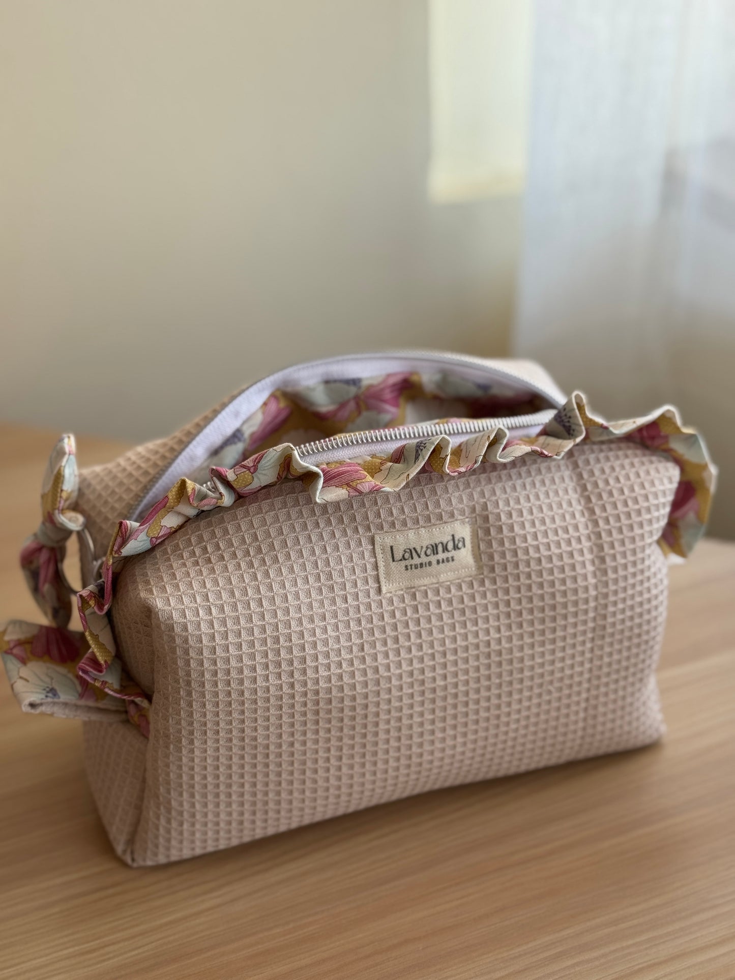 Cosmetic bag fresia waffle nusifera and rouse/ ruffle.