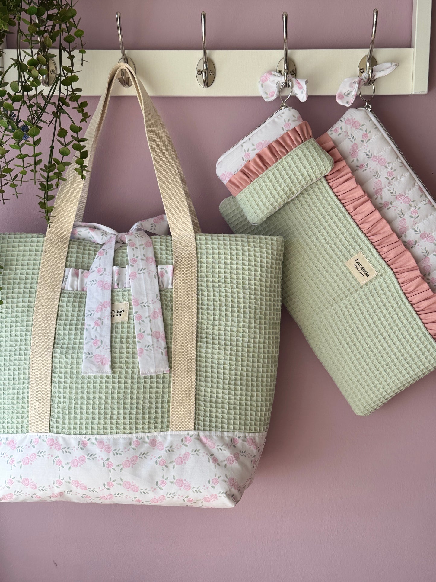 A.Tote bag mint waffle and pastel flowers (custom bag) Available to make within 15 business days.