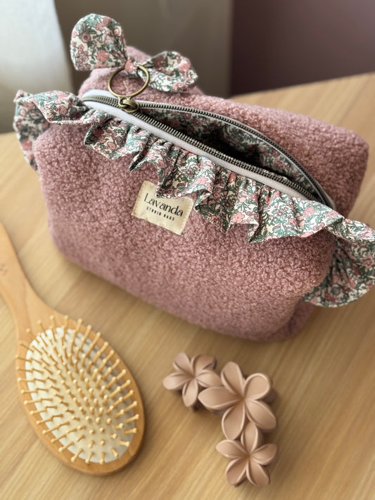 Fresia teddy cosmetic bag old pink with ruffle.