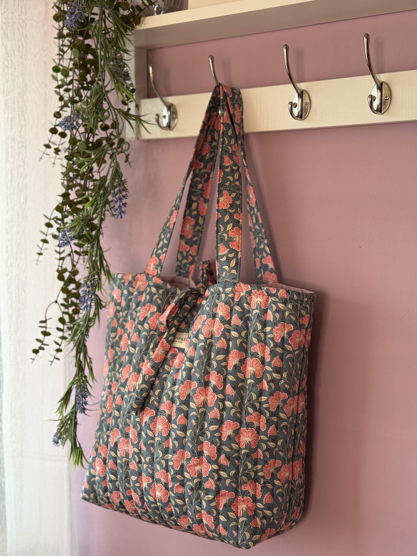 Tote bag Amalia blue petrol pink flowers.