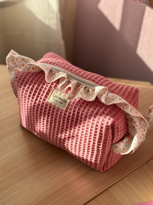a.Cosmetic bag fresia pink light waffle and mini flowers.