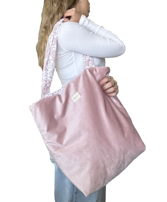 Bolsa tote de veludo rosa/linha baunilha