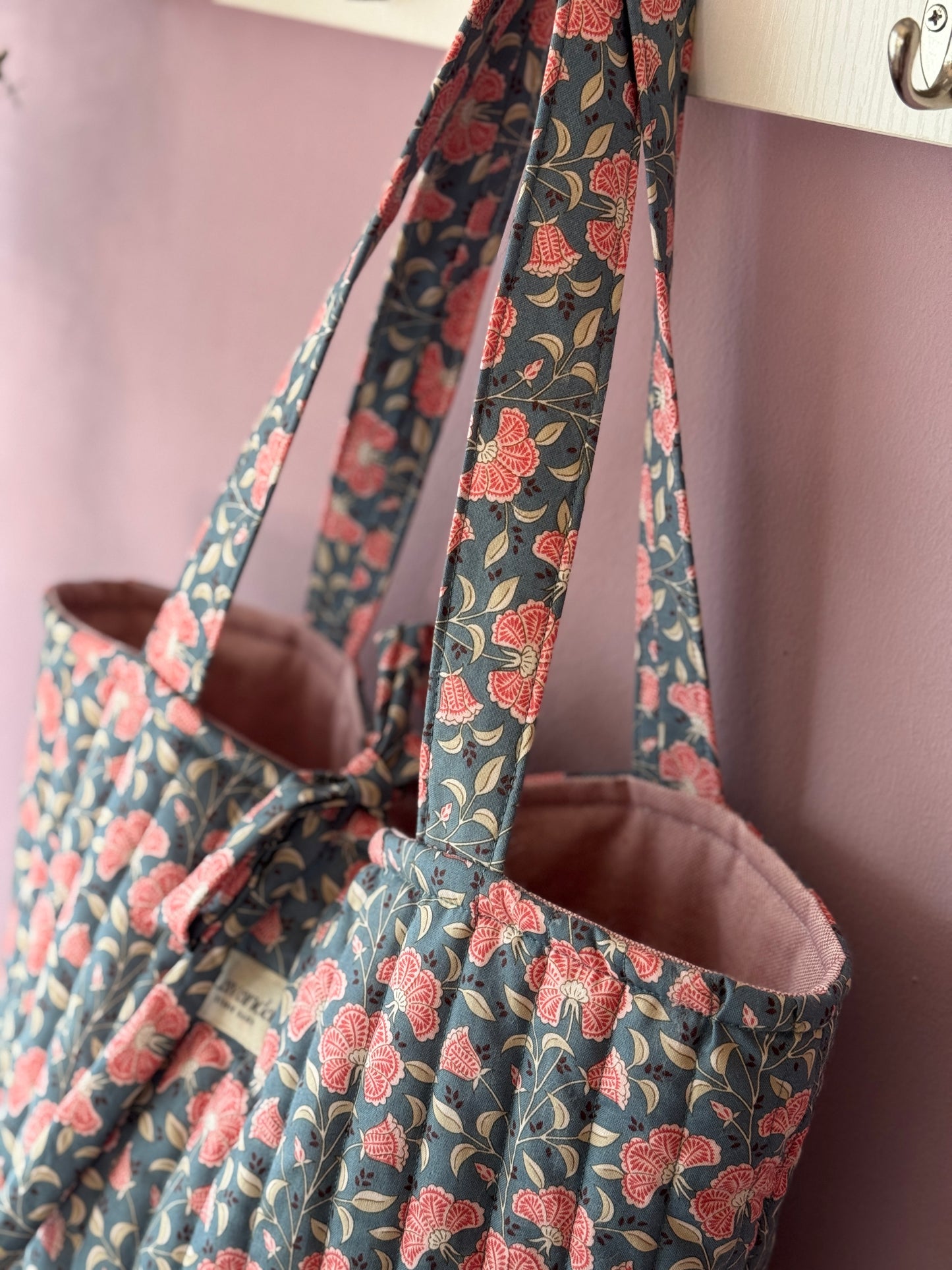 Tote bag Amalia blue petrol pink flowers.