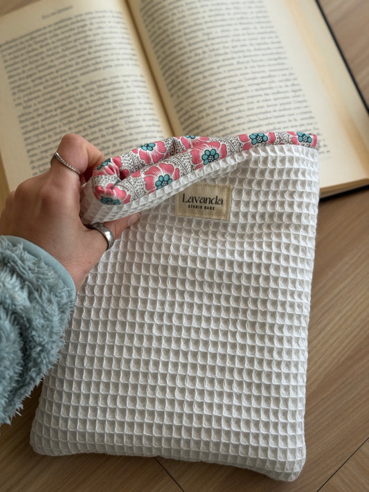 Simple book cover/ white waffle and pink flower.