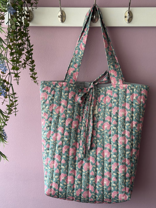 NEW!! Tote bag Amalia green petrol pink flowers.