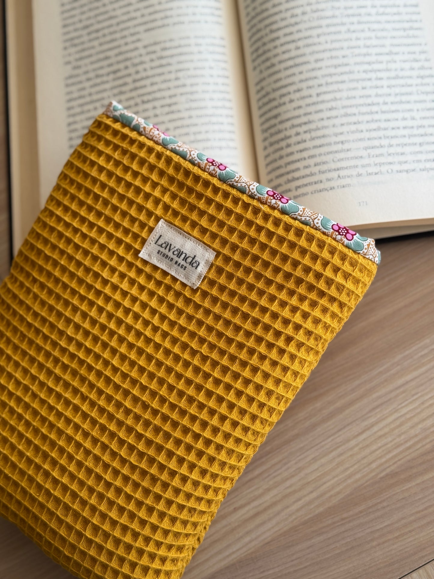 Book cover, yellow waffle/ honey floral pattern.