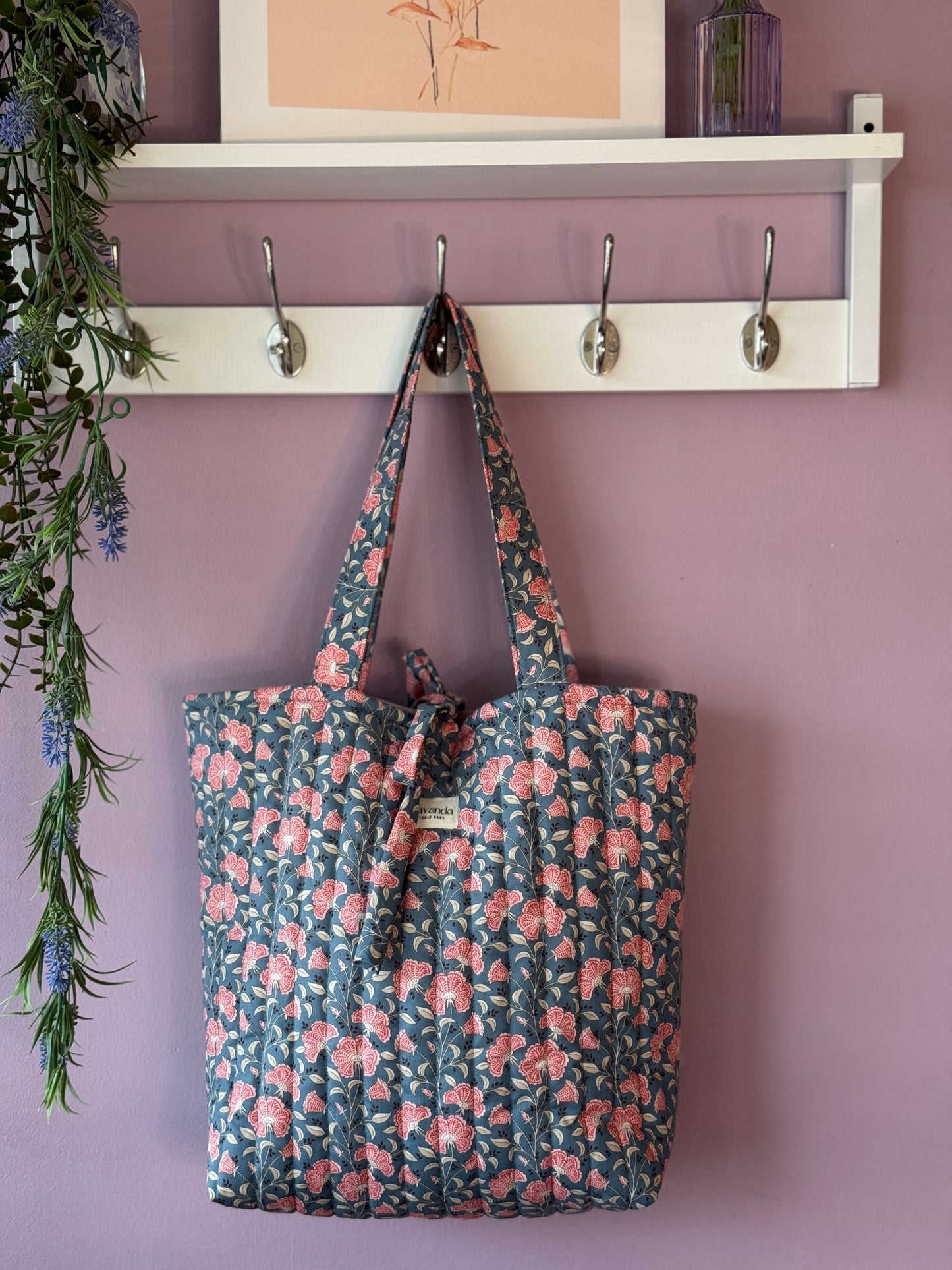 Tote bag Amalia blue petrol pink flowers.