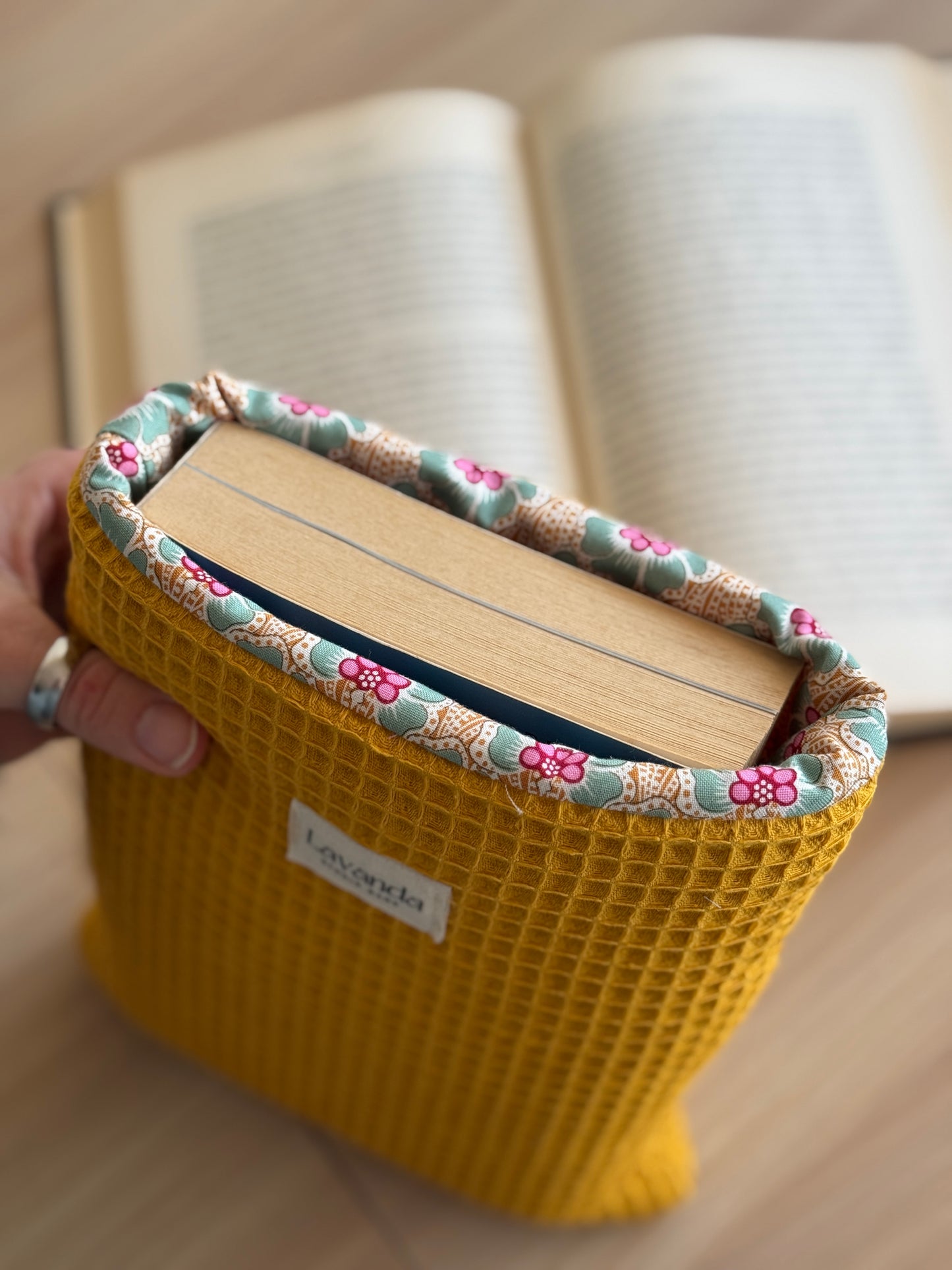 Book cover, yellow waffle/ honey floral pattern.