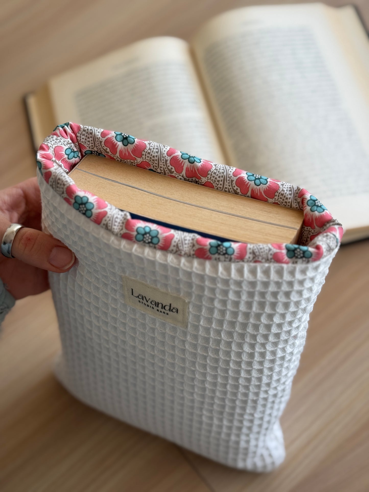 Simple book cover/ white waffle and pink flower.