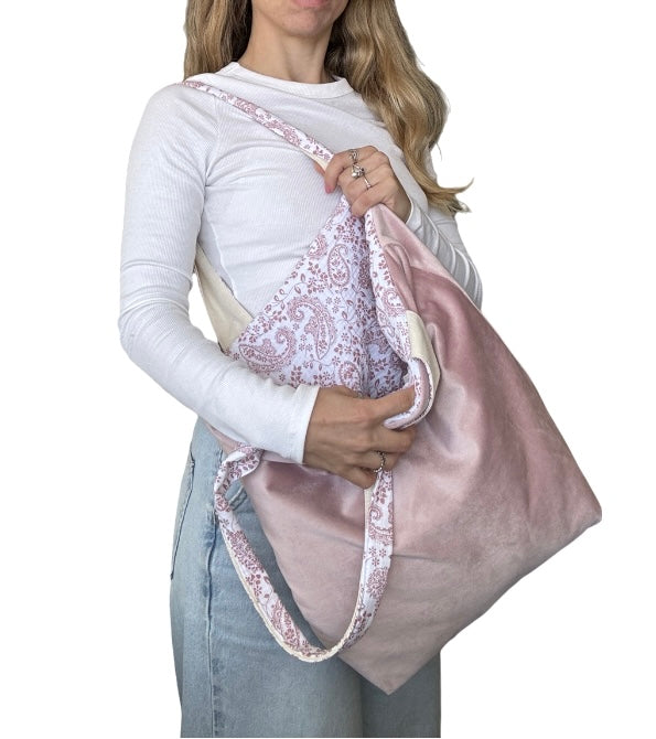 Bolsa tote de veludo rosa/linha baunilha