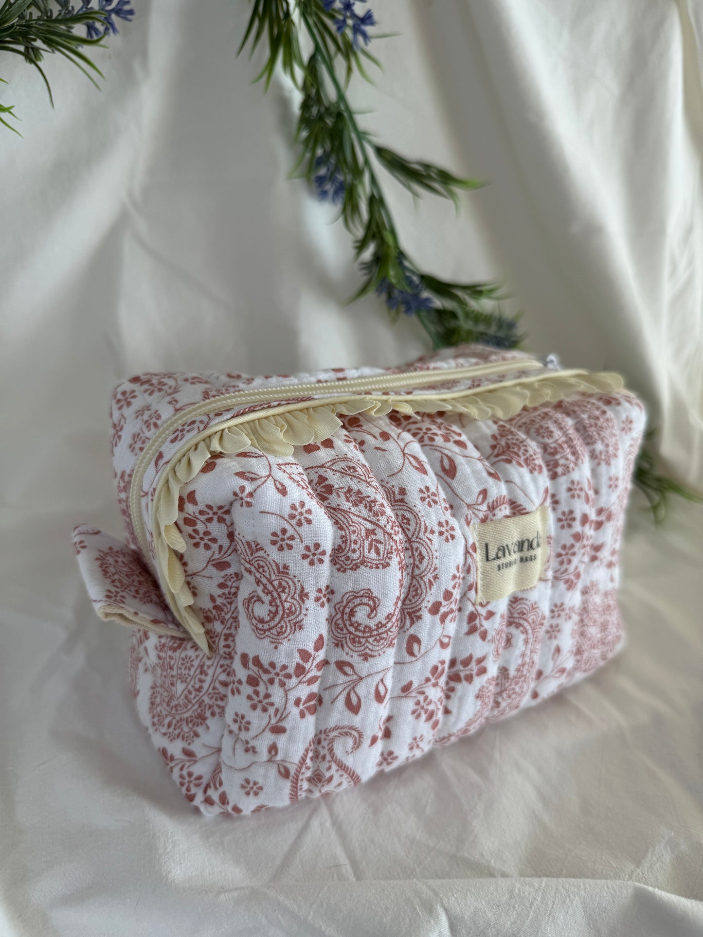 Cosmetic bag cherry blossom ,floral fabric, vanilla line.