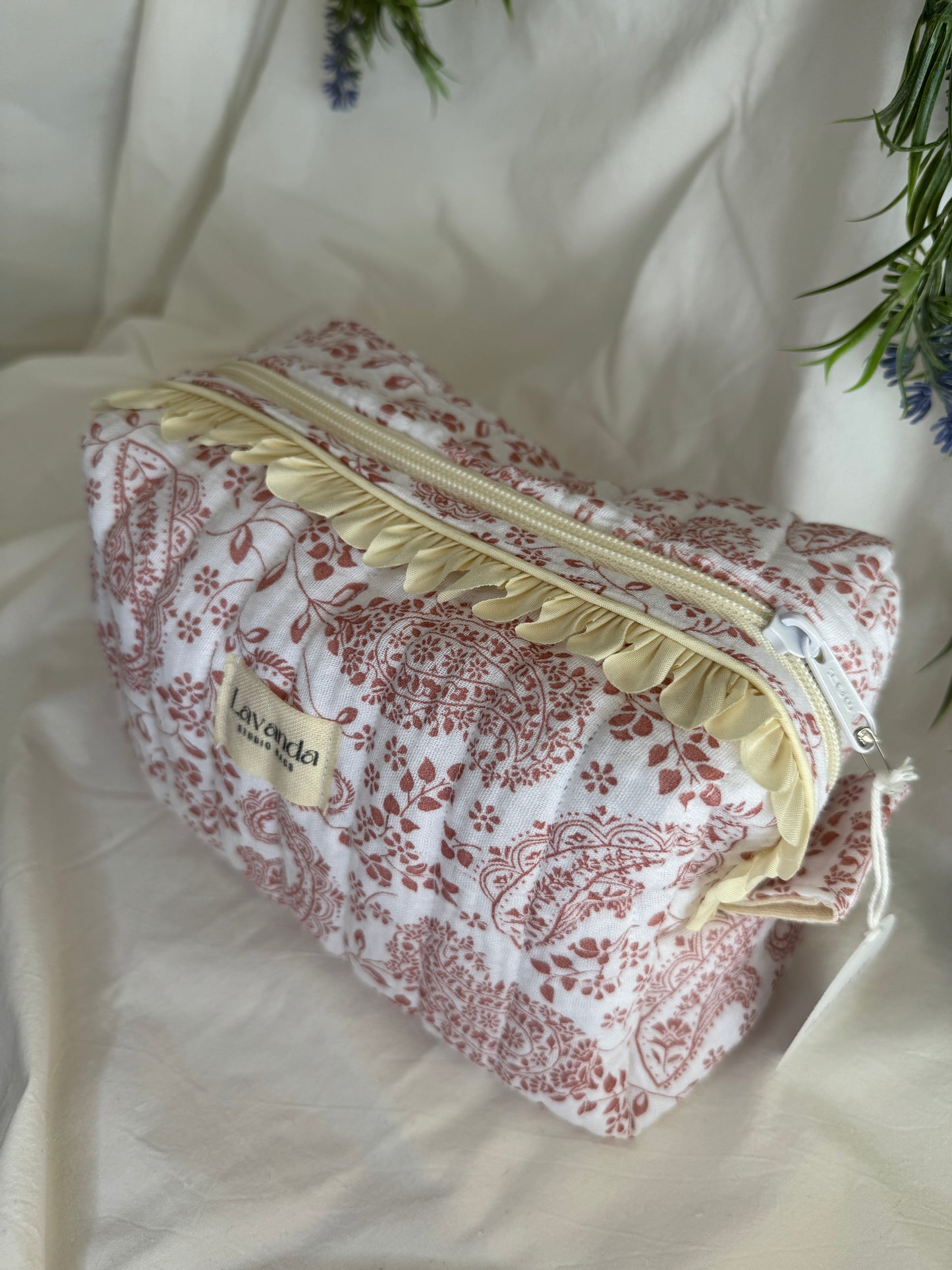 Cosmetic bag cherry blossom ,floral fabric, vanilla line.