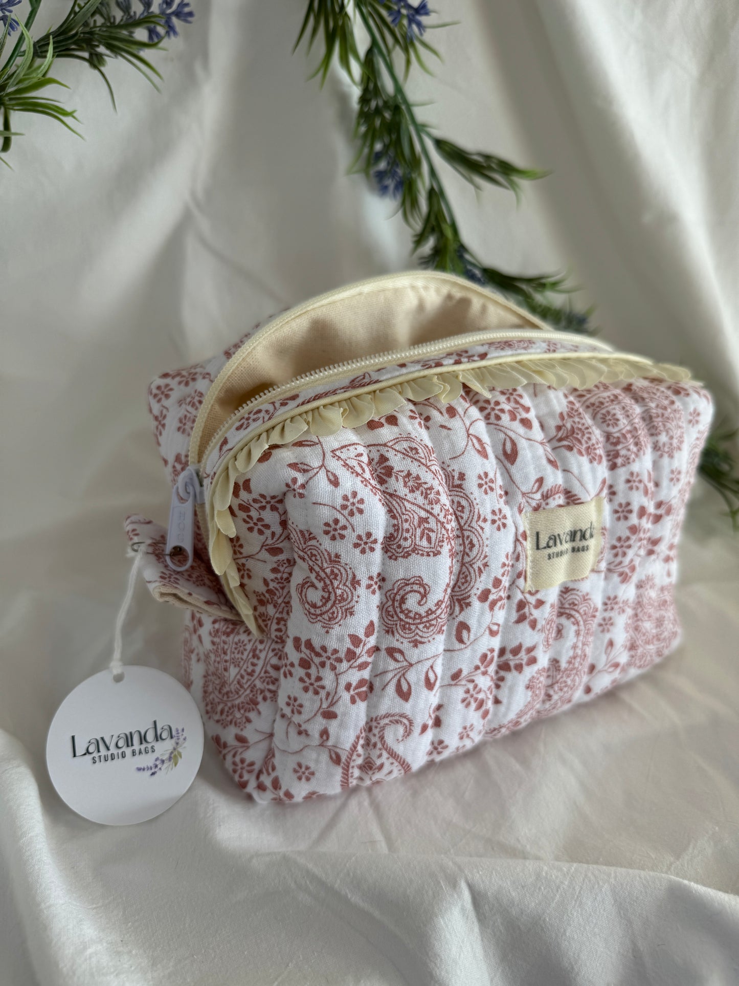 Cosmetic bag cherry blossom ,floral fabric, vanilla line.